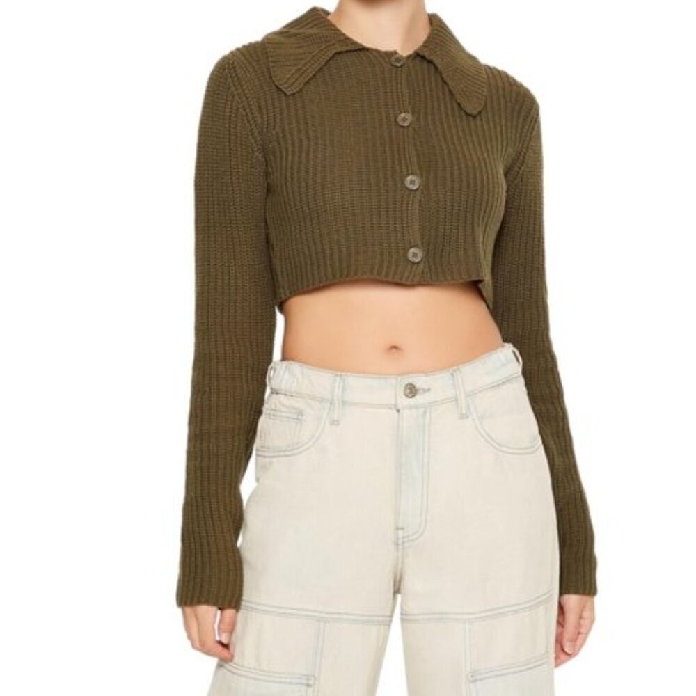 Forever 21 Cropped Rib-Knit Button Cardigan Sweater Olive Green XL NWT